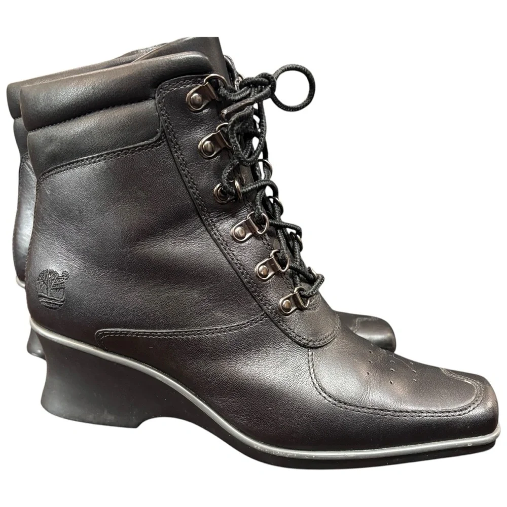 Timberland Hill Black Leather Wedge square Toe Bootie Size 7.5 US Womens